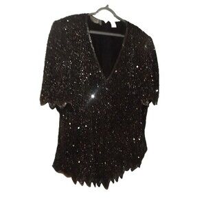 Vtg Lawrence Kazar Silk Beaded Sequin Top 2X Black Zip Back Party Professional